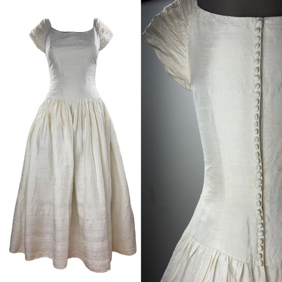 Dior Dresses & Skirts - VTG CHRISTIAN DIOR Silk Wedding Dress W/ Gathered Sleeves + Button Back 26”W
